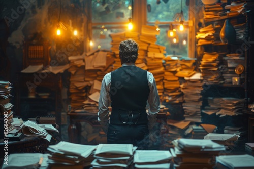 A man is seen in a cluttered room, surrounded by stacks of documents, viewed from behind