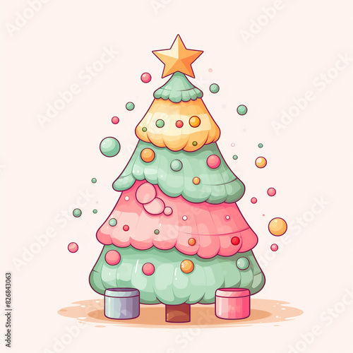A cartoon picture of a pine tree with a cute on Christmas season, can be used as decoration for design purposes