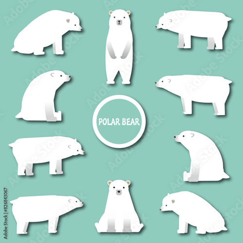 いろんなポーズのシロクマのイラストセット影あり
