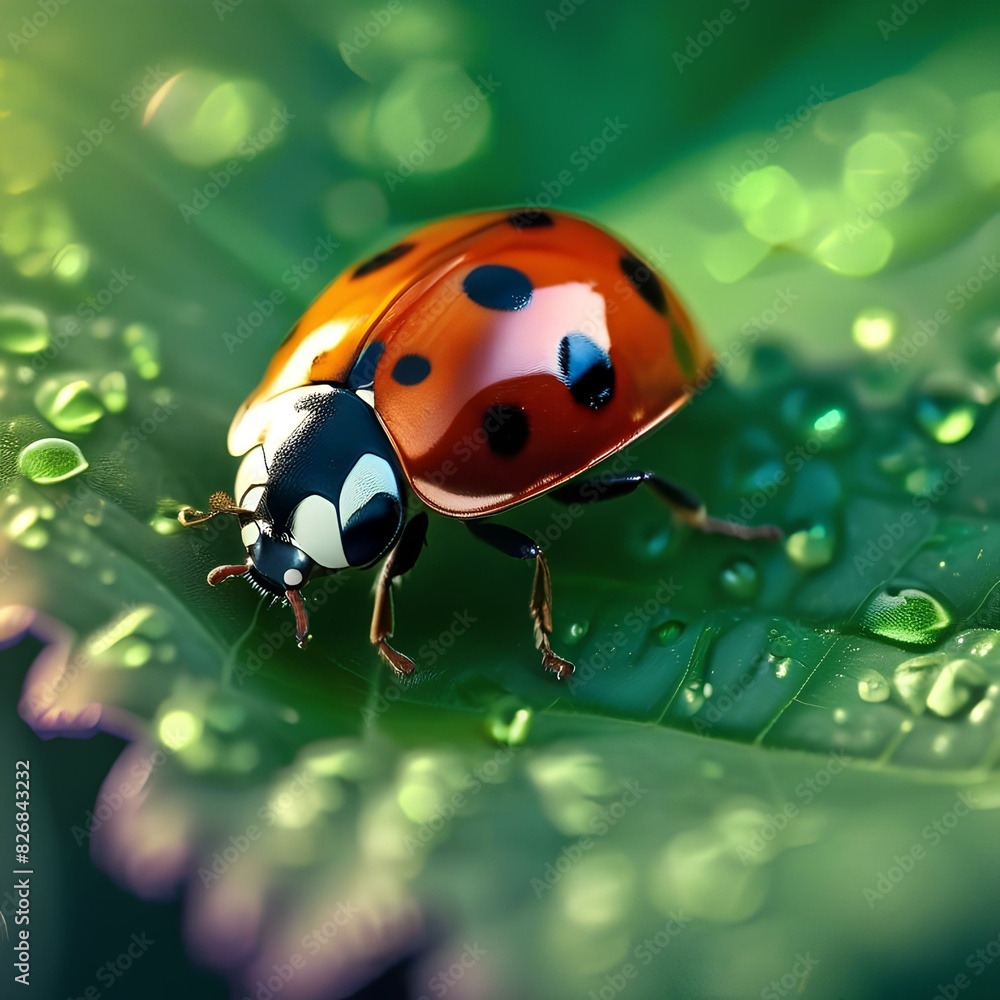 Close up of a ladybug on a green leaf, with dewdrops4 Close up of a ladybug on a green leaf, with dewdrops4