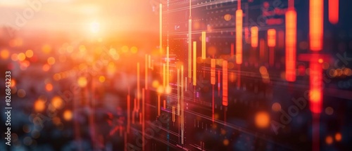 Abstract stock market chart with cityscape background  illuminated by a warm sunset  representing financial growth and technology trends.