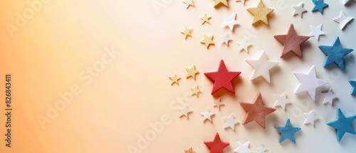 Colorful paper stars on gradient background. Ideal for festive  celebratory designs or creative projects needing a touch of whimsy and color.