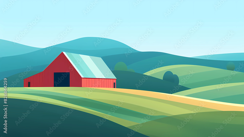 Flat Illustration of rolling hills and red barn Flat Illustration of rolling hills and red barn