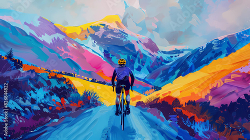 Colorful illustration of a cyclist biking in nature photo