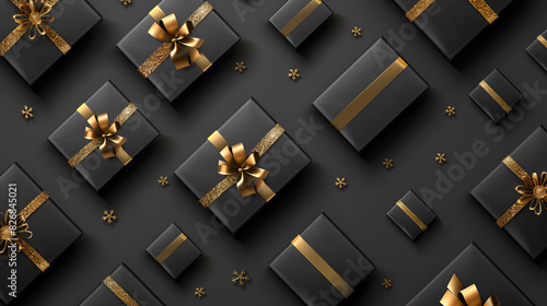 Black Friday Super Sale. Realistic black gifts boxes. Pattern with gift box. Dark background golden text lettering. Horizontal banner, poster, header website. vector illustration © Matan