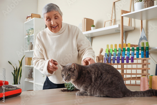 Senior woman with cute cat ...
