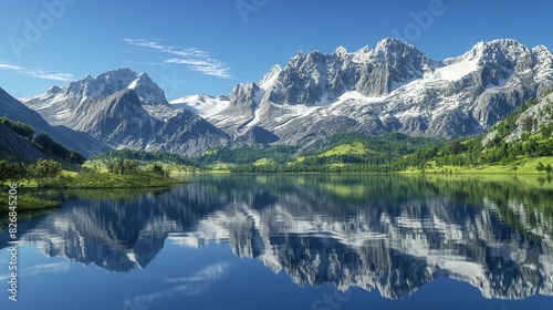 A 3D-rendered mountain range with snow-capped peaks, lush valleys, and a crystal-clear lake reflecting the surrounding landscape 32k, full ultra hd, high resolution