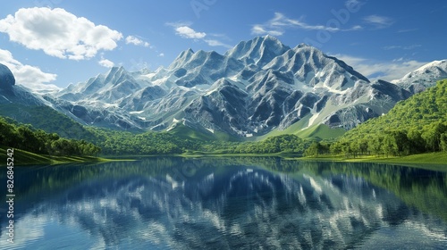 A 3D-rendered mountain range with snow-capped peaks, lush valleys, and a crystal-clear lake reflecting the surrounding landscape 32k, full ultra hd, high resolution © Zohan