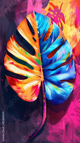 Colorful art illustration of a monstera deliciosa leaf photo