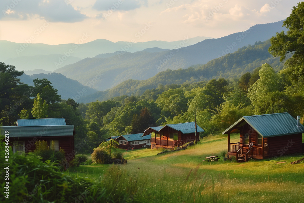 Log cabin camp in a mountain landscape, a picturesque escape for camping vacations, surrounded by breathtaking scenery and providing abundant copy space for doc Log cabin camp in a mountain landscape, a picturesque escape for camping vacations, surrounded by breathtaking scenery and providing abundant copy space for doc