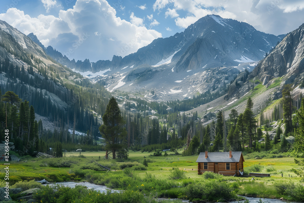 Log cabin in a mountain landscape, a picturesque vacation spot surrounded by nature's splendor, offering ample copy space for travel tales and adventures Log cabin in a mountain landscape, a picturesque vacation spot surrounded by nature's splendor, offering ample copy space for travel tales and adventures