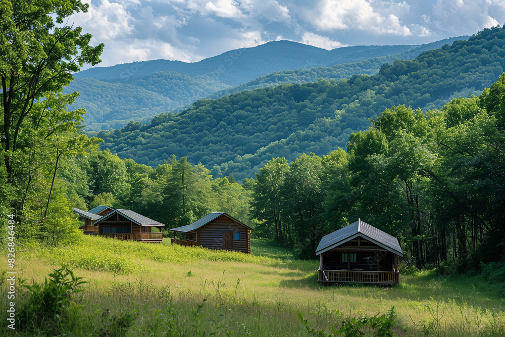 Log cabin camp in a mountain landscape, an idyllic setting for camping vacations, inviting relaxation and adventure amidst nature's beauty, with ample copy spac