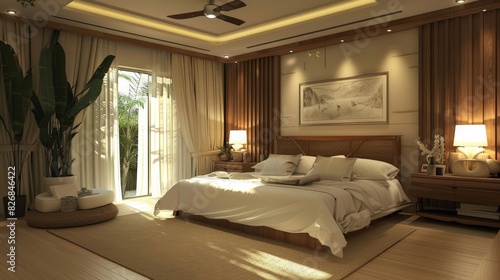 Modern bedroom interior with large bed  plants  and natural light