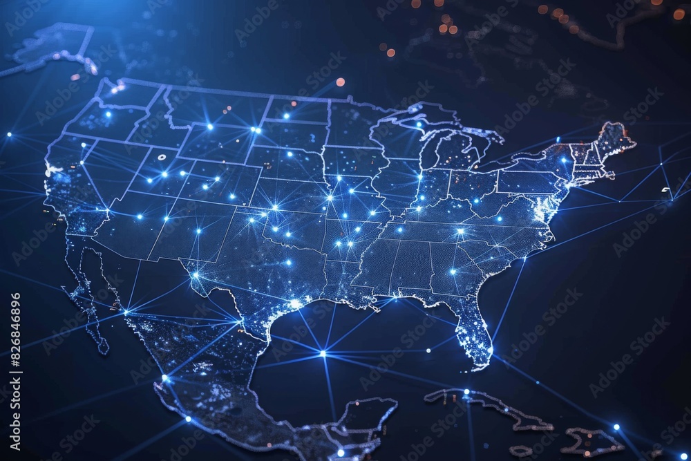 Digital map of america network connectivity created with generative ai Digital map of america network connectivity created with generative ai