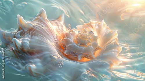 Beautiful seashells glowing in golden sunlight against a serene aquamarine water backdrop