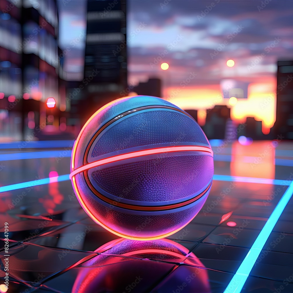 Futuristic scene with a glowing basketball on a neon-lit urban court at sunset, creating a vibrant, modern sports atmosphere.