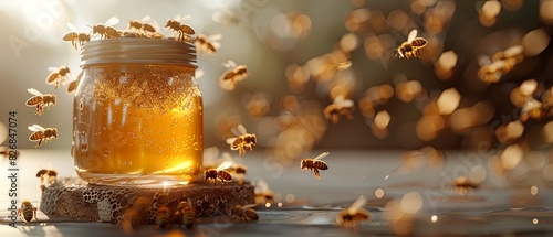 A jar of honey is surrounded by a swarm of bees