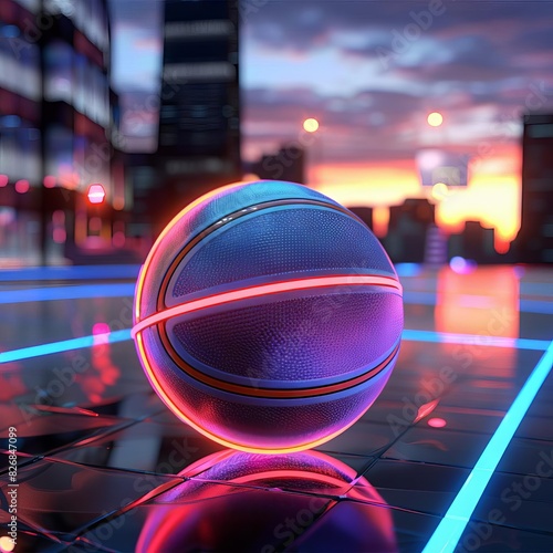 Obraz na płótnie Futuristic scene with a glowing basketball on a neon-lit urban court at sunset, creating a vibrant, modern sports atmosphere. w salonie