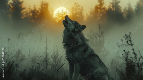 A lone wolf howling at the sunset in a foggy forest, surrounded by trees and wilderness.