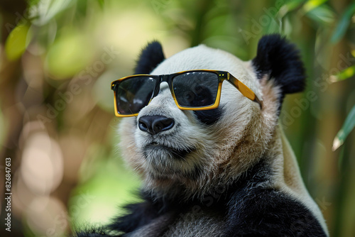 A panda bear with sunglasses among bamboo trees in a forest © Nedrofly