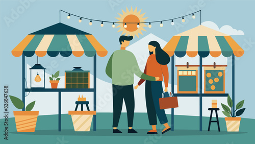 Couples browsing booths filled with handcrafted solarpowered lights and decorative items made from sustainable materials.. Vector illustration