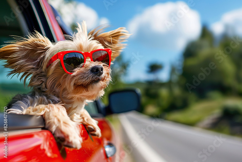 A small dog with red sunglasses poking its head out of a car window, enjoying the breeze and the ride