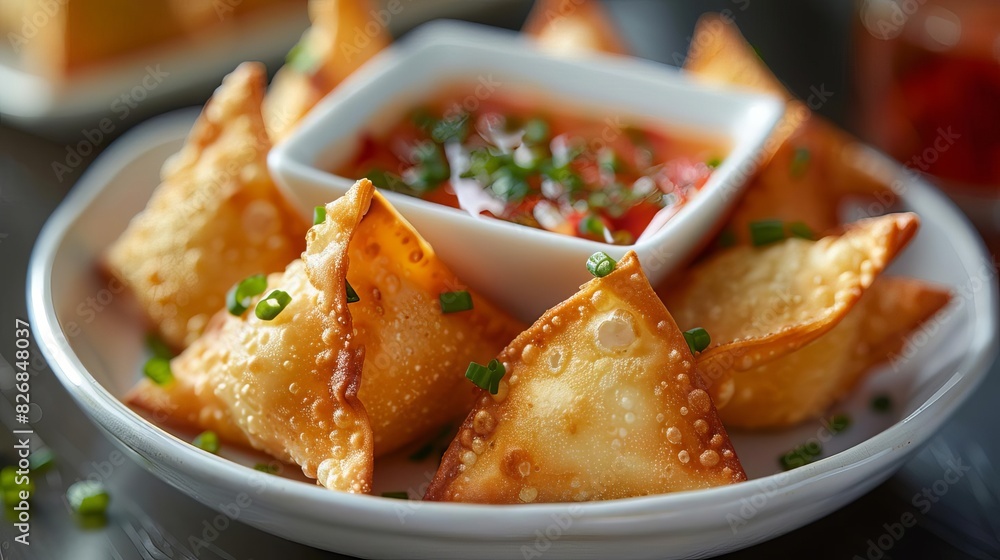 Crab Rangoon in a stylish restaurant setting Crab Rangoon in a stylish restaurant setting