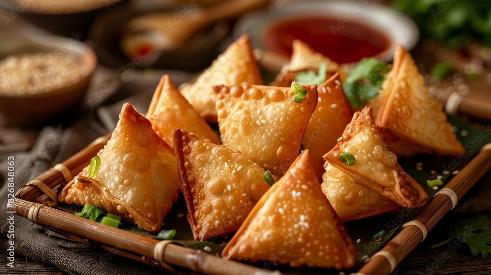 Crab Rangoon on a bamboo serving tray, detailed texture, vibrant colors, highresolution, golden and crispy, creamy filling, Asianinspired presentation, garnished with sesame seeds Crab Rangoon on a bamboo serving tray, detailed texture, vibrant colors, highresolution, golden and crispy, creamy filling, Asianinspired presentation, garnished with sesame seeds