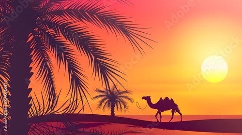 arabesque web horizontal banner  camel and palm tree silhouette  beautiful sunlight  sunset  sunrise  islamic background template illustration vector 