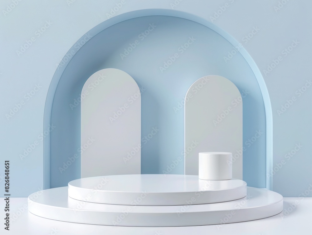 3D white cylinder podium on a blue background, used to festive product display, showcase presentation, product mockup, 3D render illustration, luxury style, 3D white cylinder podium on a blue background, used to festive product display, showcase presentation, product mockup, 3D render illustration, luxury style,