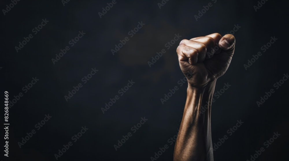 Raised fist in the air symbolizing power and unity on a dark background