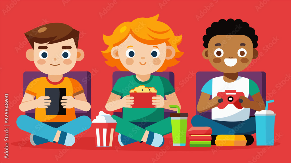 With tons of snacks and energy drinks at their disposal the junior gamers are fueled and ready to game for hours on end.. Vector illustration With tons of snacks and energy drinks at their disposal the junior gamers are fueled and ready to game for hours on end.. Vector illustration