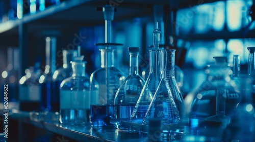 A laboratory photograph, laboratory equipment, scientific research tools, glass labware, blue tones, low saturation