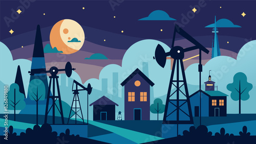 In the quiet of the night the oil derricks rhythmic pumping of oil creates a soothing symphony that lulls local residents to sleep.. Vector illustration