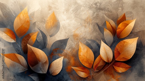 Abstract image of leaf and branch morphology in earthy tones and golden hues on neutral background photo