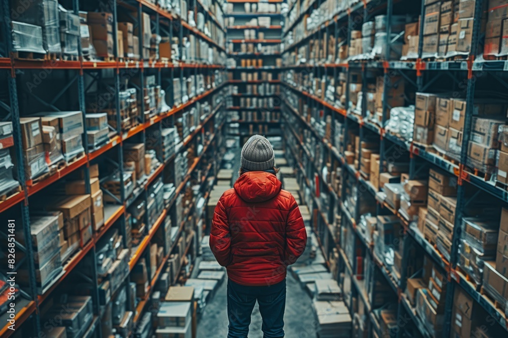 A man wearing a red jacket is navigating through a vast warehouse filled with shelves and boxes