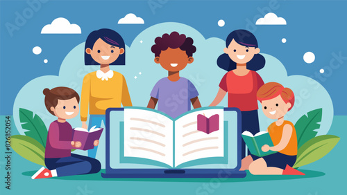An online book club meeting where kids take turns being the ebook tour guide and lead the group through their favorite interactive features in the. Vector illustration
