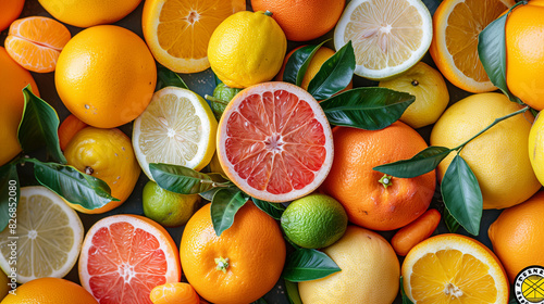 A pile of citrus fruits, oranges and lemons, grapefruits, limes, mandarin and kumquat  photo