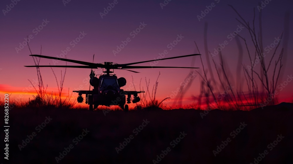 The Apache helicopter in a poised stance on an open field, the last rays of the sun casting a golden glow on its frame, emphasizing the calm before the storm of its imminent mission. The Apache helicopter in a poised stance on an open field, the last rays of the sun casting a golden glow on its frame, emphasizing the calm before the storm of its imminent mission.