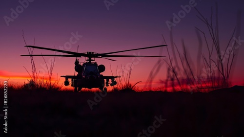 The Apache helicopter in a poised stance on an open field, the last rays of the sun casting a golden glow on its frame, emphasizing the calm before the storm of its imminent mission.