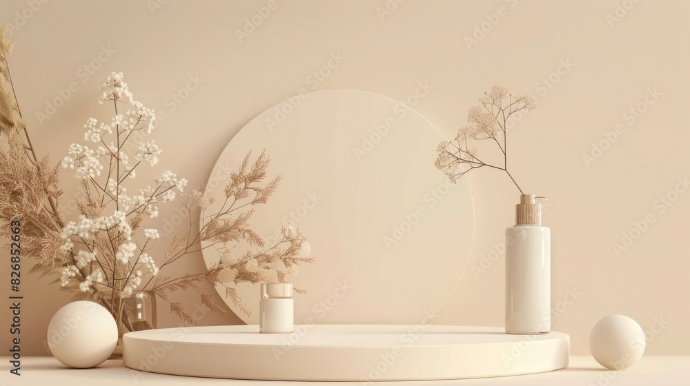 3D cylinder podium with tree leaves and balls on a gray wall used to mockup product display, showcase, luxury style,