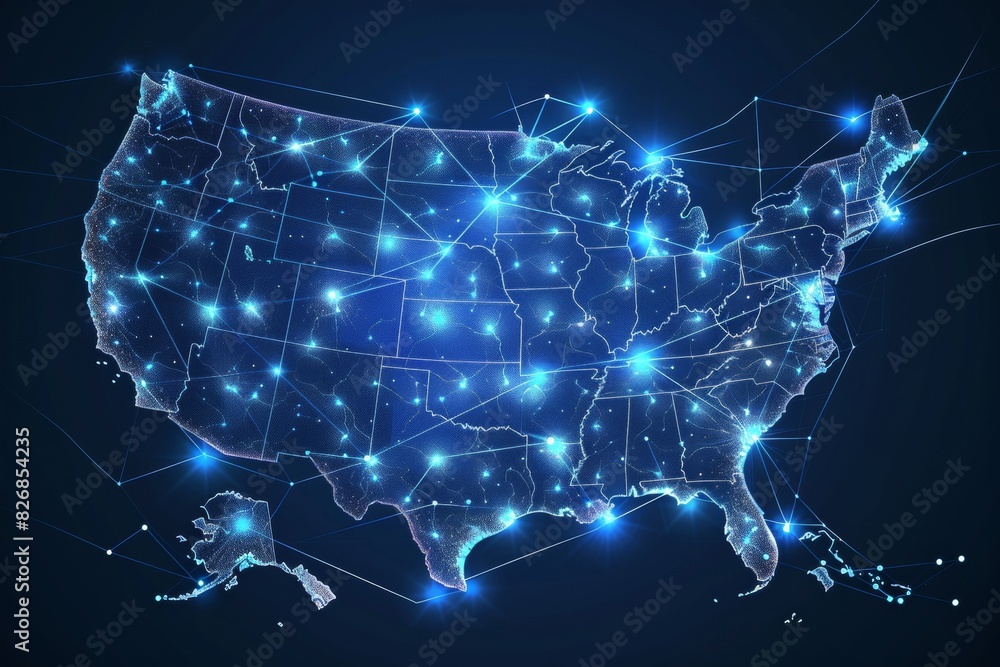 Digital map of america network connectivity created with generative ai Digital map of america network connectivity created with generative ai