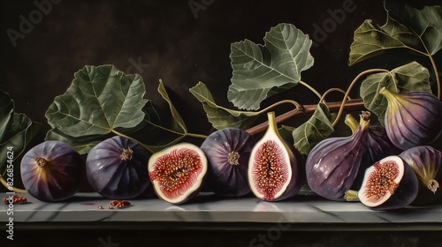 oil painting of ripe figs with one cut in half with fig leaves in the background, deep colors with a dark background photo