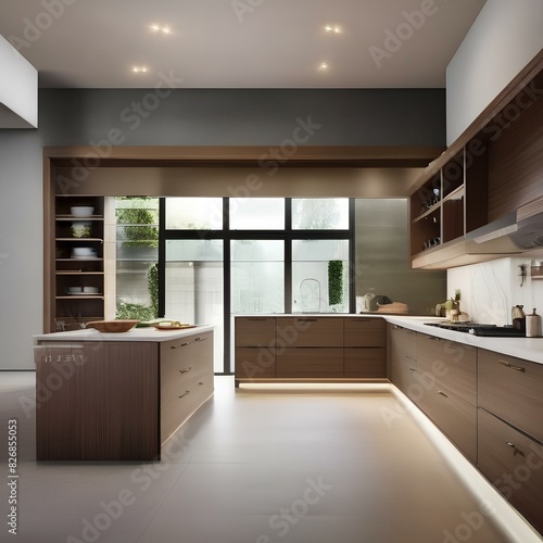 Modern kitchen with open shelving and a large island4 photo