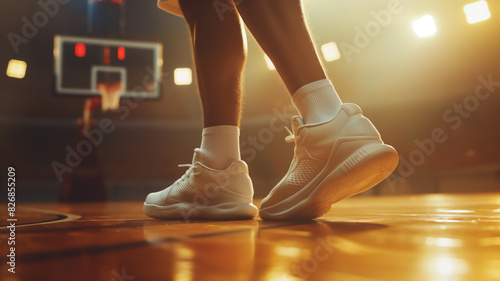 Close-up of a basketball player’s sneakers on a court, highlighting athleticism and sport.