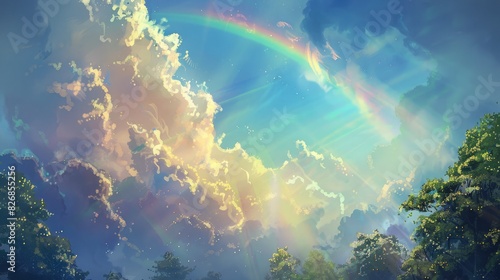 A beautiful sky with a rainbow arcing across it, adding a splash of color and magic