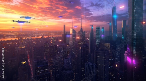 A mesmerizing cityscape at dusk  with AI-powered drones lighting up the skyline with vibrant colors. 32k  full ultra HD  high resolution