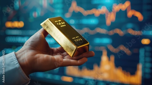 businessperson holding a gold bar with overlapping graphs in the background, representing economic growth and gold investment