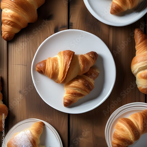 Plate of freshly baked croissants on a rustic wooden table5 photo