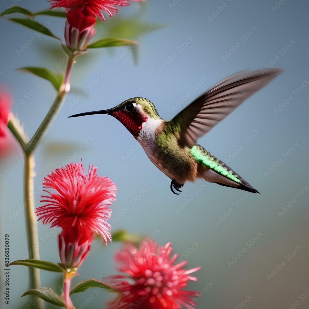 Naklejka premium Close up of a hummingbird hovering near a red flower3